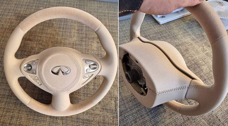 ריפוד הגה אינפינטי בצבע בהיר בשילוב בדים